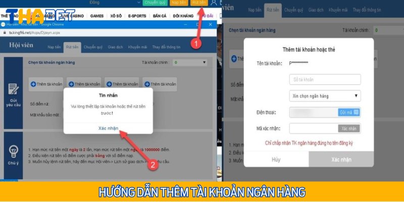 Cách thêm tài khoản ngân hàng trước khi rút tiền Thabet